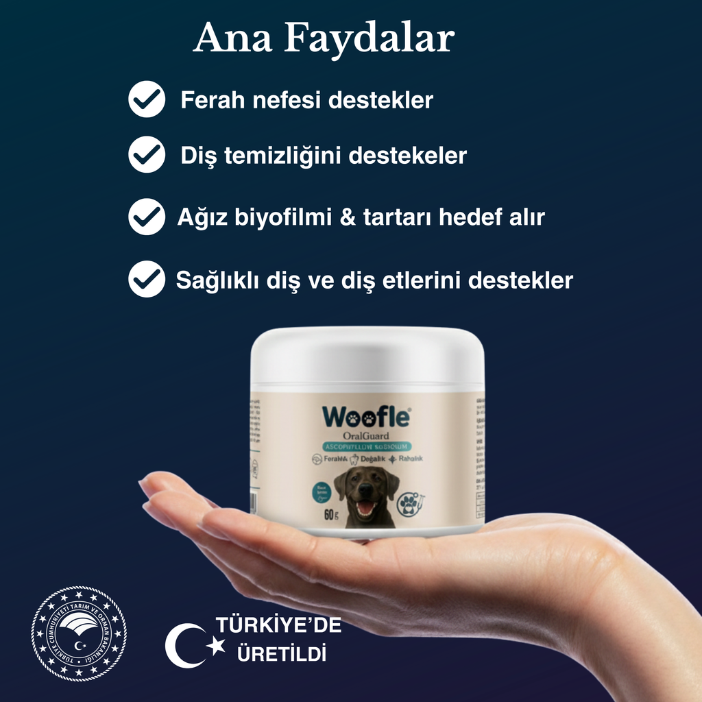 Woofle® OralGuard- Köpek Ağız ve Diş Bakım Tozu 60g - Plak, Tartar ve Koku Karşıtı Gelişmiş Formül
